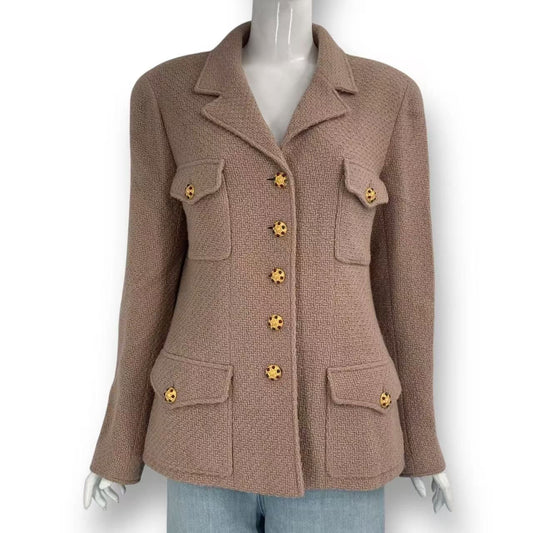 Chanel Gripoix Button Tweed Jacket Pink Beige Wool 44