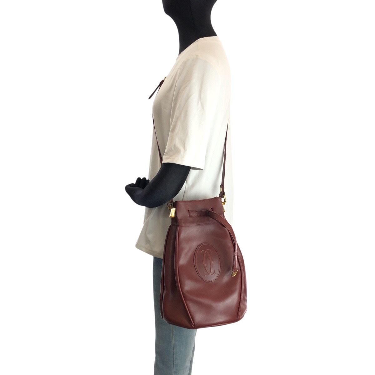 Cartier Must Line Wine Red Bordeaux Gold Leather Shoulder Bag Pochette — view 7