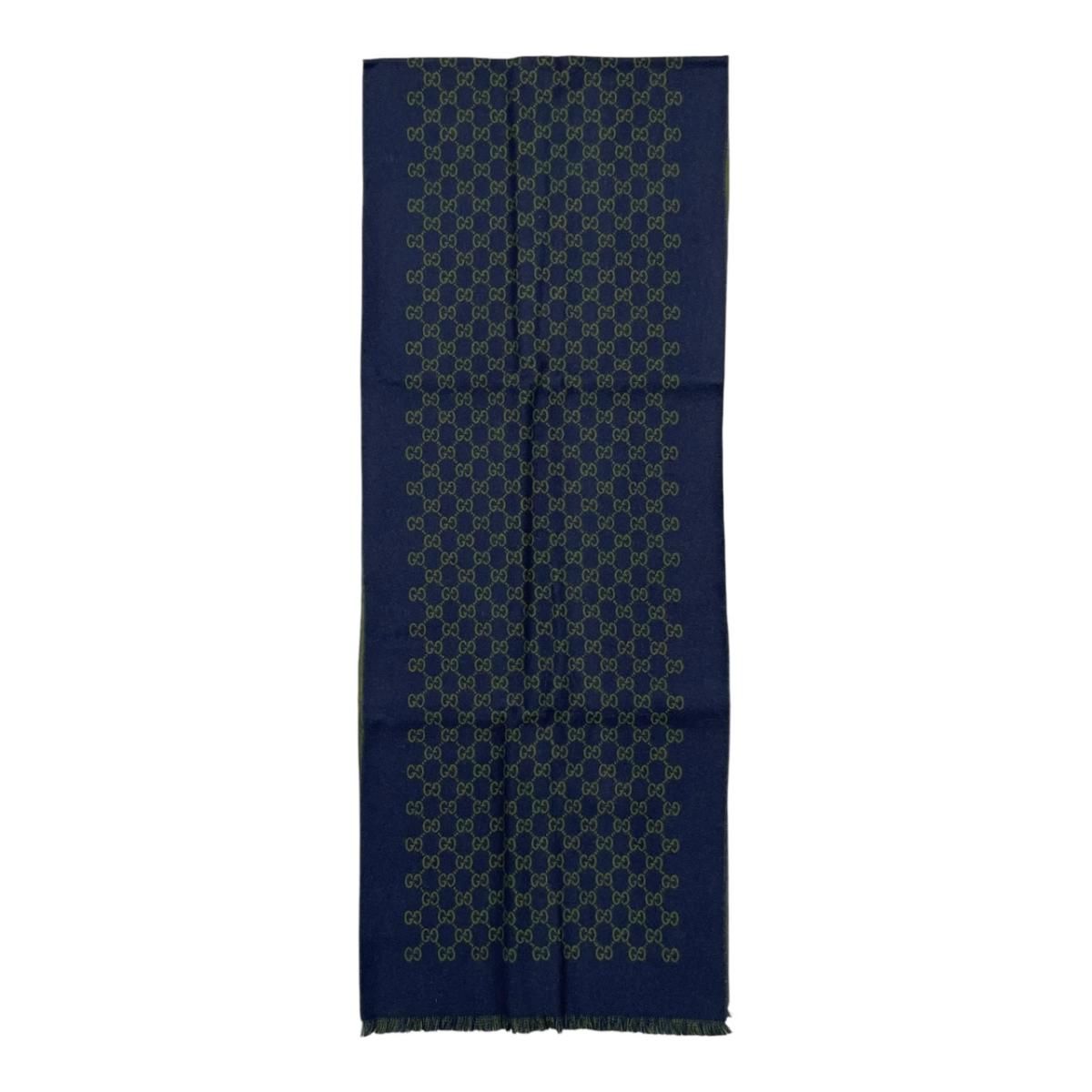 Gucci Shawl GG Pattern Scarf Wool Logo Bicolor Navy Blue Green — view 3