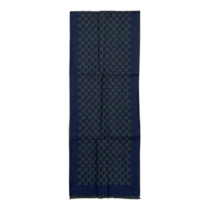 Gucci Shawl GG Pattern Scarf Wool Logo Bicolor Navy Blue Green — view 3