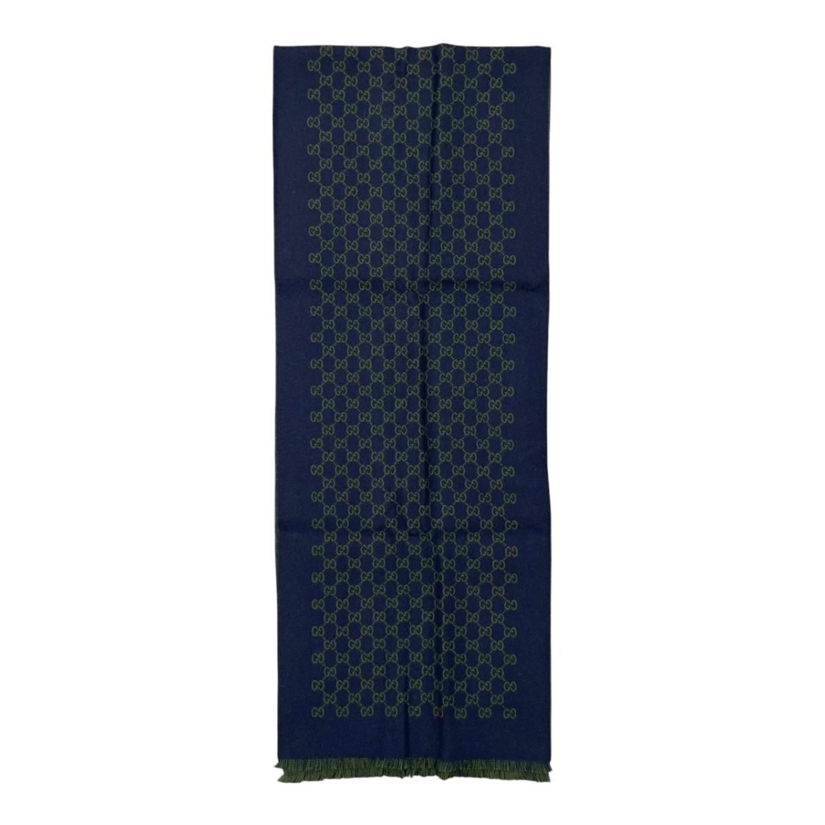 Gucci Shawl GG Pattern Scarf Wool Logo Bicolor Navy Blue Green — view 4