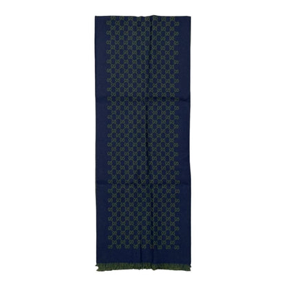 Gucci Shawl GG Pattern Scarf Wool Logo Bicolor Navy Blue Green — view 4
