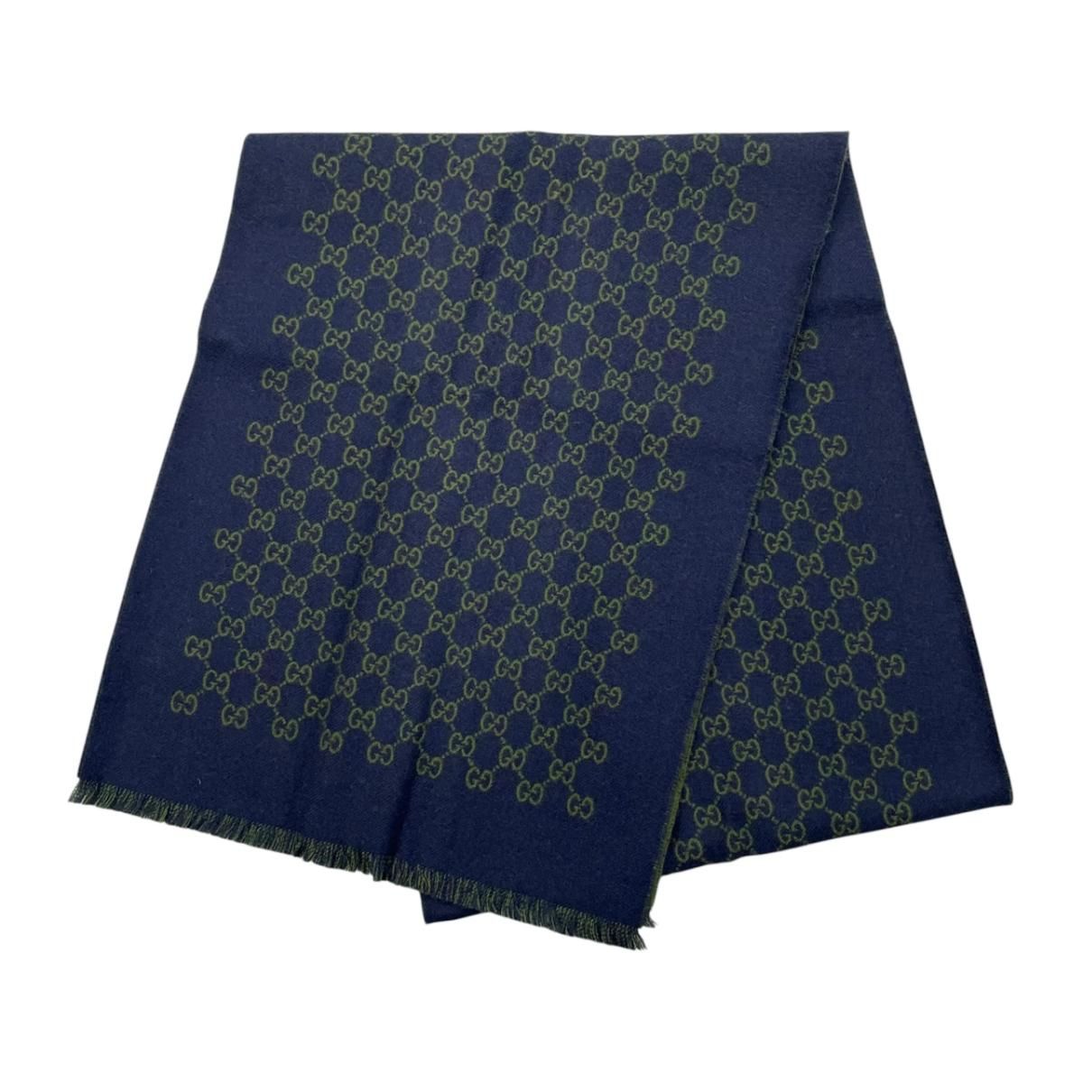 Gucci Shawl GG Pattern Scarf Wool Logo Bicolor Navy Blue Green