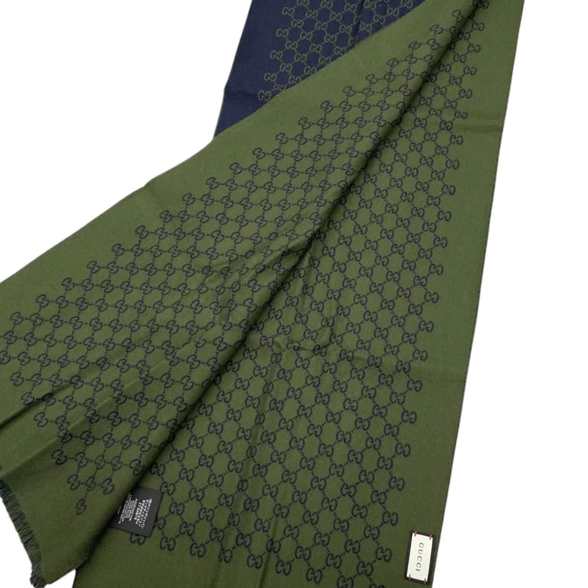 Gucci Shawl GG Pattern Scarf Wool Logo Bicolor Navy Blue Green — view 6