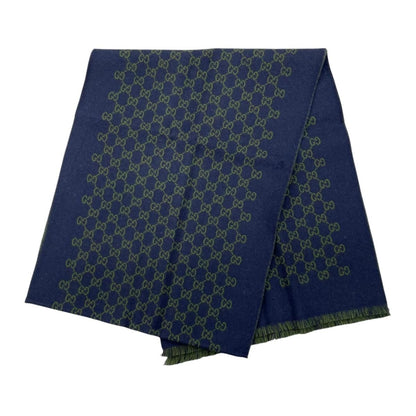 Gucci Shawl GG Pattern Scarf Wool Logo Bicolor Navy Blue Green — view 2