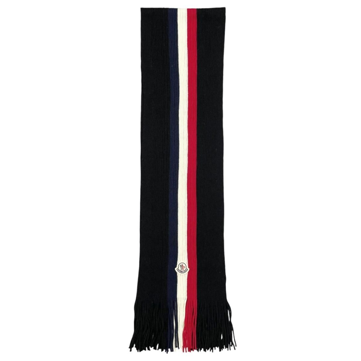 Moncler Mont Cles Scarf Tricolor Stripe Wool Logo Patch Black Red White Navy — view 3
