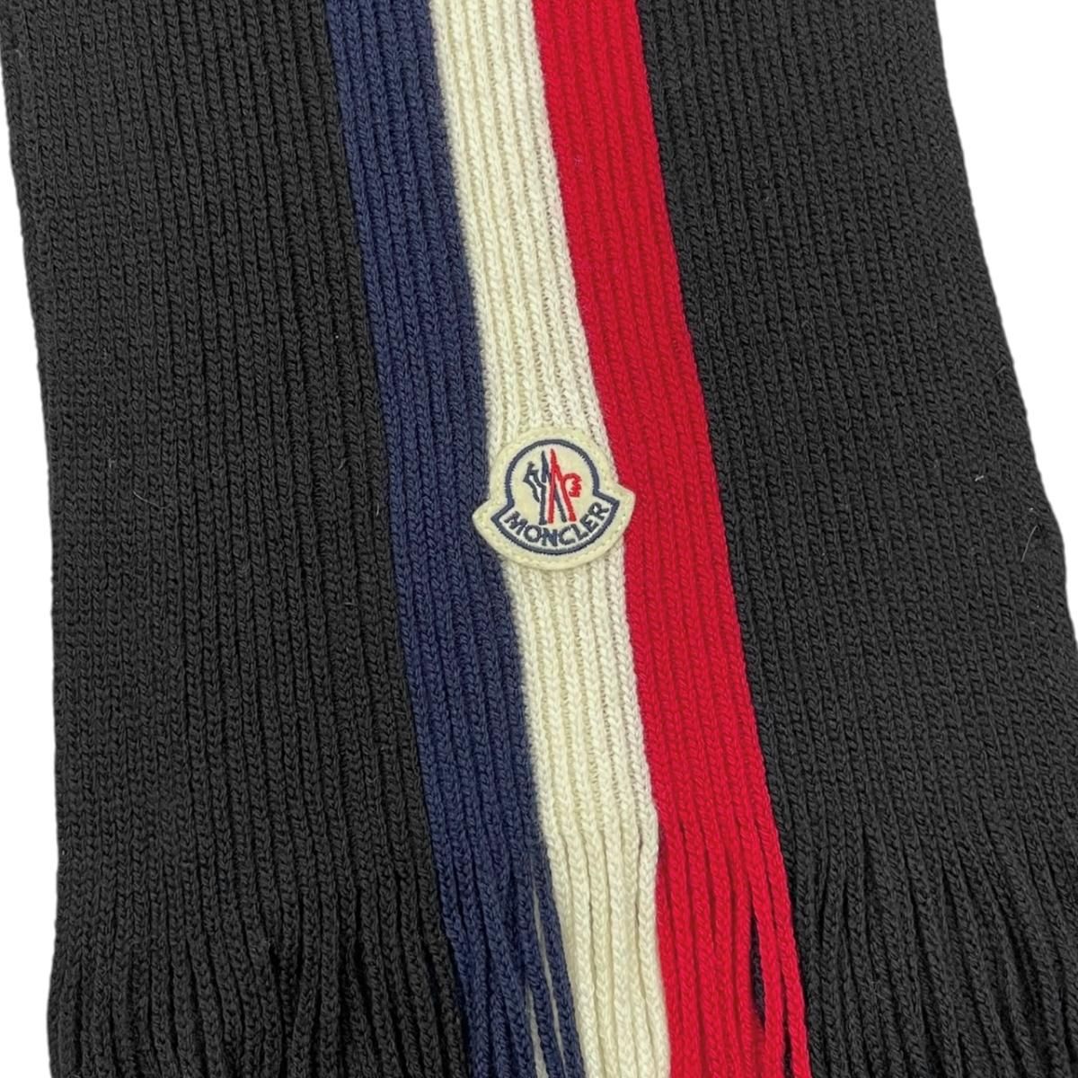 Moncler Mont Cles Scarf Tricolor Stripe Wool Logo Patch Black Red White Navy — view 5