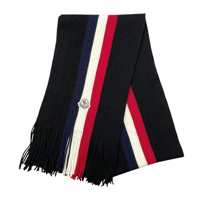 Moncler Mont Cles Scarf Tricolor Stripe Wool Logo Patch Black Red White Navy