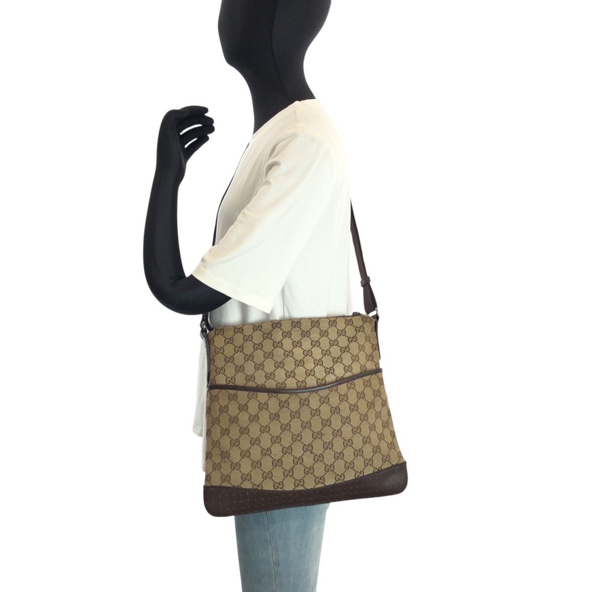 Gucci Brown Beige Silver GG Canvas Leather Shoulder Bag s — view 7
