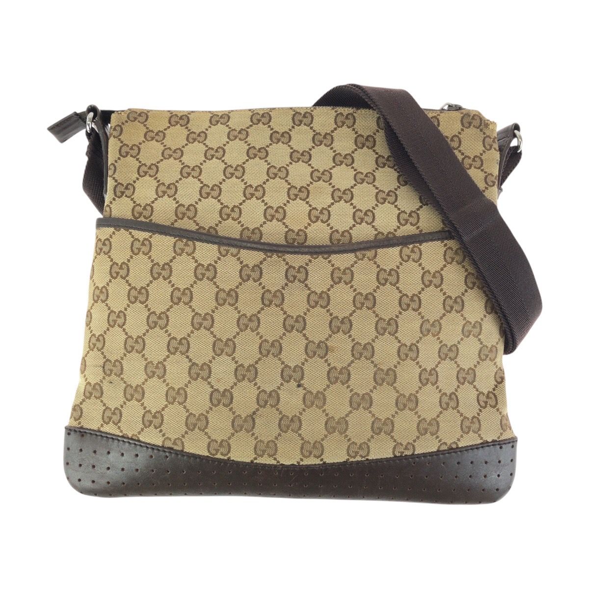 Gucci Brown Beige Silver GG Canvas Leather Shoulder Bag s