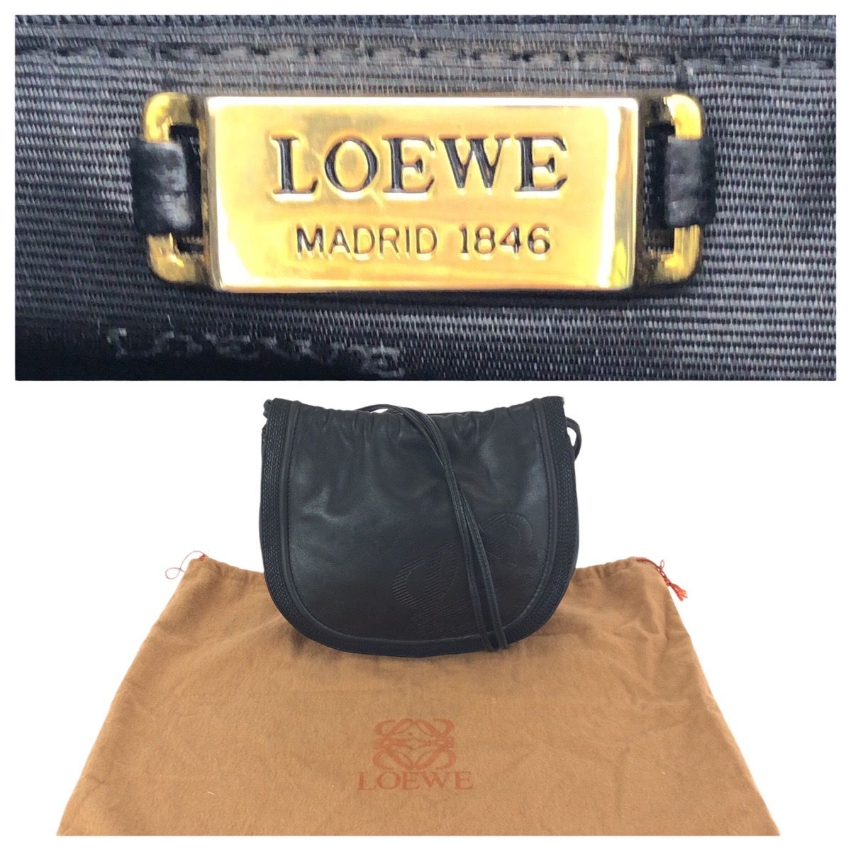 Loewe Vintage Anagram Drawstring Black Gold Leather Shoulder Bag Pochette — view 4