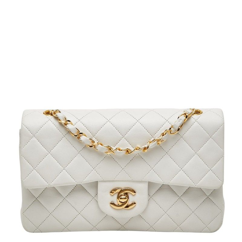 Chanel CC Logo Quilted 23 Double Flap Chain Shoulder Bag White Lambskin