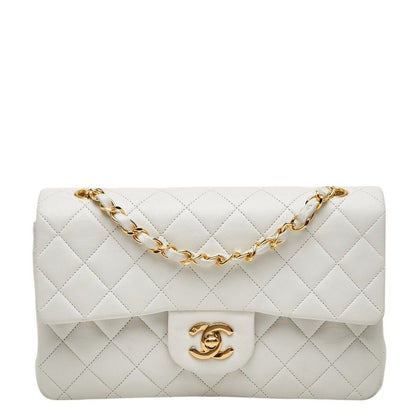 Chanel CC Logo Quilted 23 Double Flap Chain Shoulder Bag White Lambskin