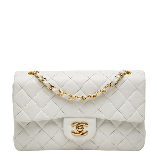 Chanel CC Logo Quilted 23 Double Flap Chain Shoulder Bag White Lambskin