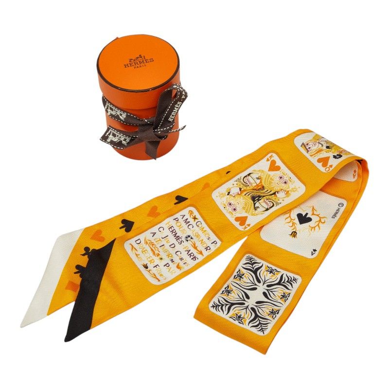 Hermes Twill Jeu de Cartes Cart Playing Cards Scarf Orange Silk — view 6