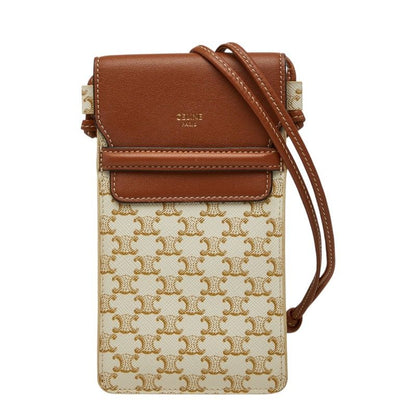 Celine Triomphe Phone Pouch Mini Pochette Shoulder White Brown Leather