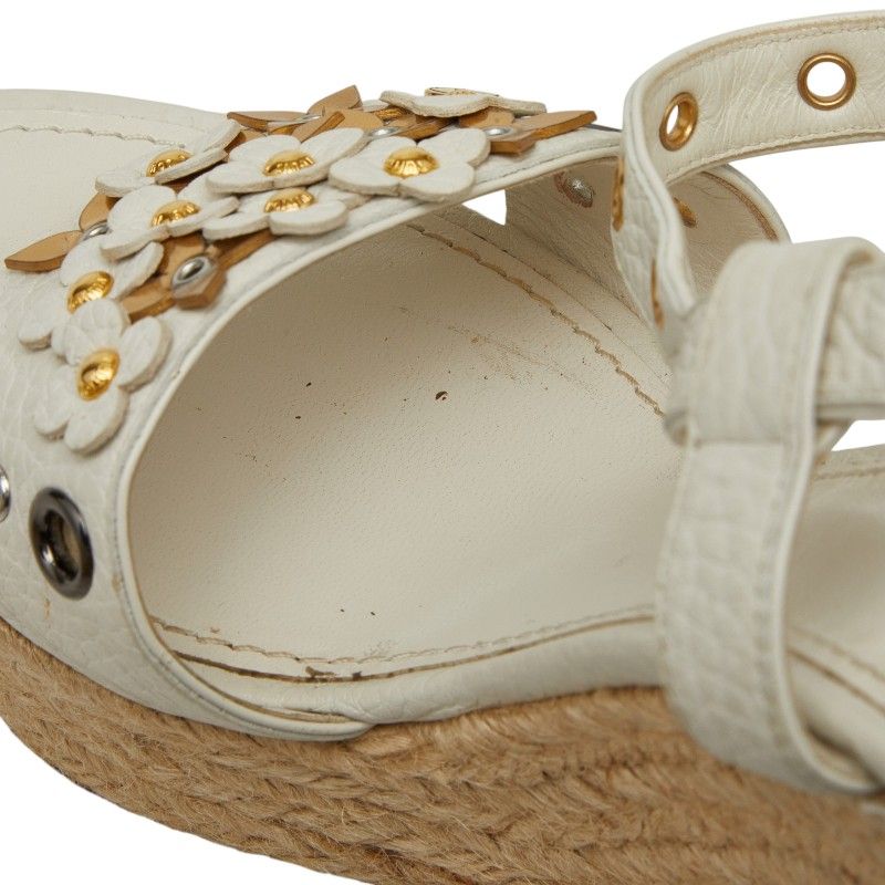 Louis Vuitton Flower Wedge Sole Sandals Espadrilles 35.5 White Leather Jute — view 6