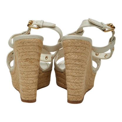 Louis Vuitton Flower Wedge Sole Sandals Espadrilles 35.5 White Leather Jute — view 3
