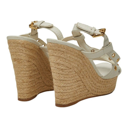 Louis Vuitton Flower Wedge Sole Sandals Espadrilles 35.5 White Leather Jute — view 2