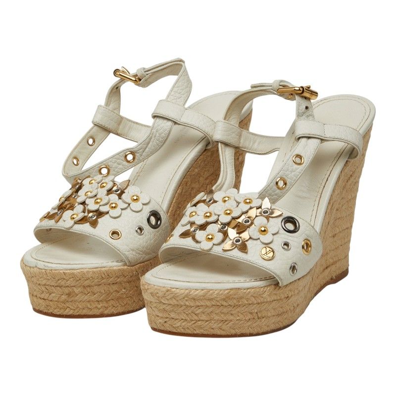 Louis Vuitton Flower Wedge Sole Sandals Espadrilles 35.5 White Leather Jute