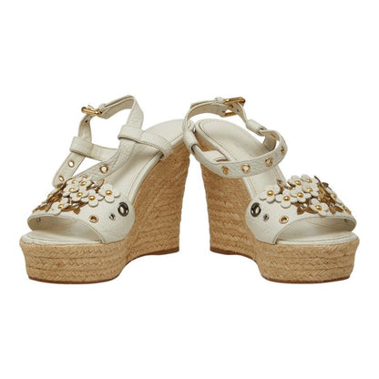 Louis Vuitton Flower Wedge Sole Sandals Espadrilles 35.5 White Leather Jute — view 4