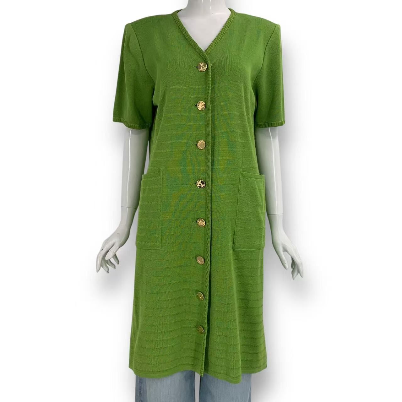 Saint Laurent Gold Button Long Knit Cardigan L Green