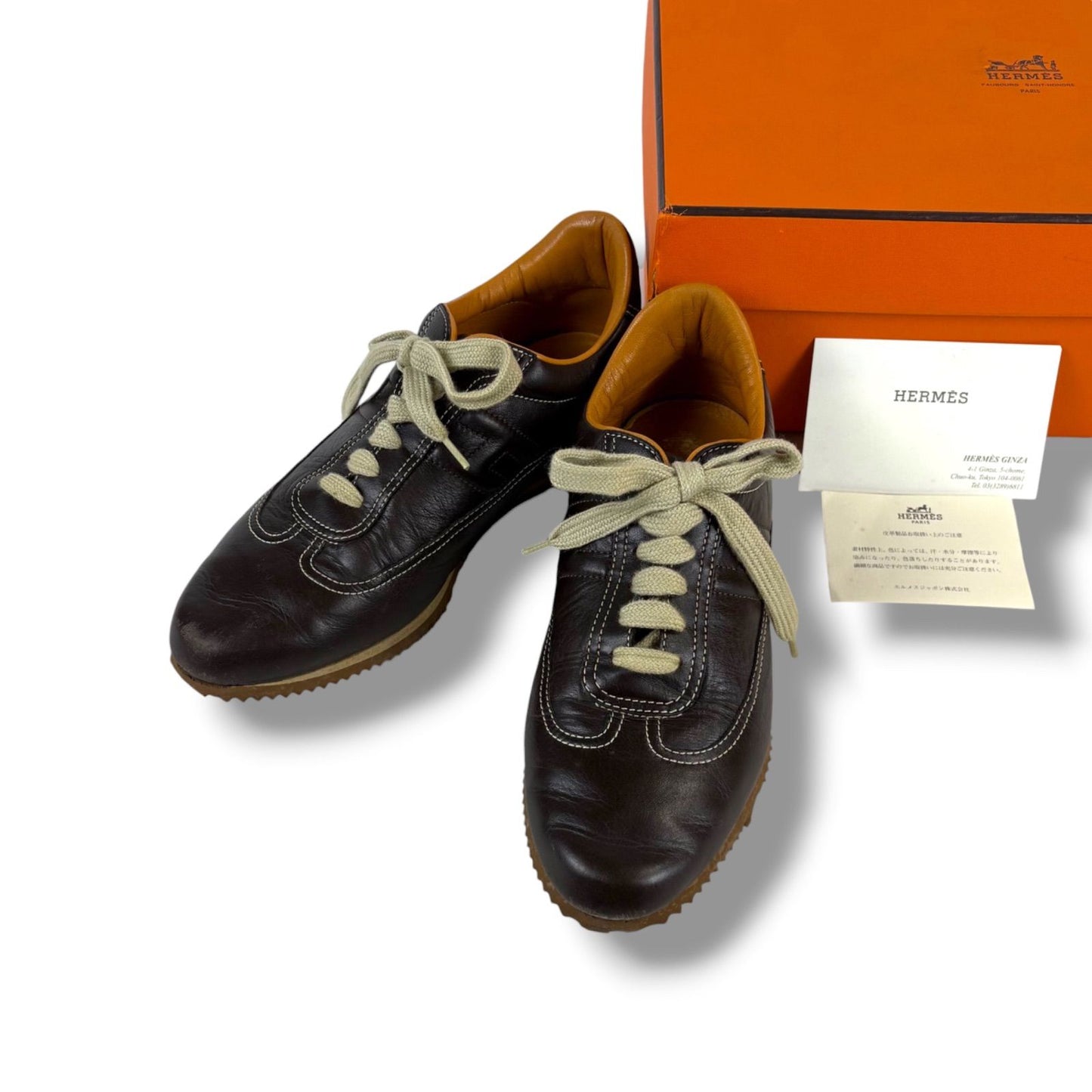 Hermes Quick Low Cut Sneakers Logo Leather Dark Brown 35 Half
