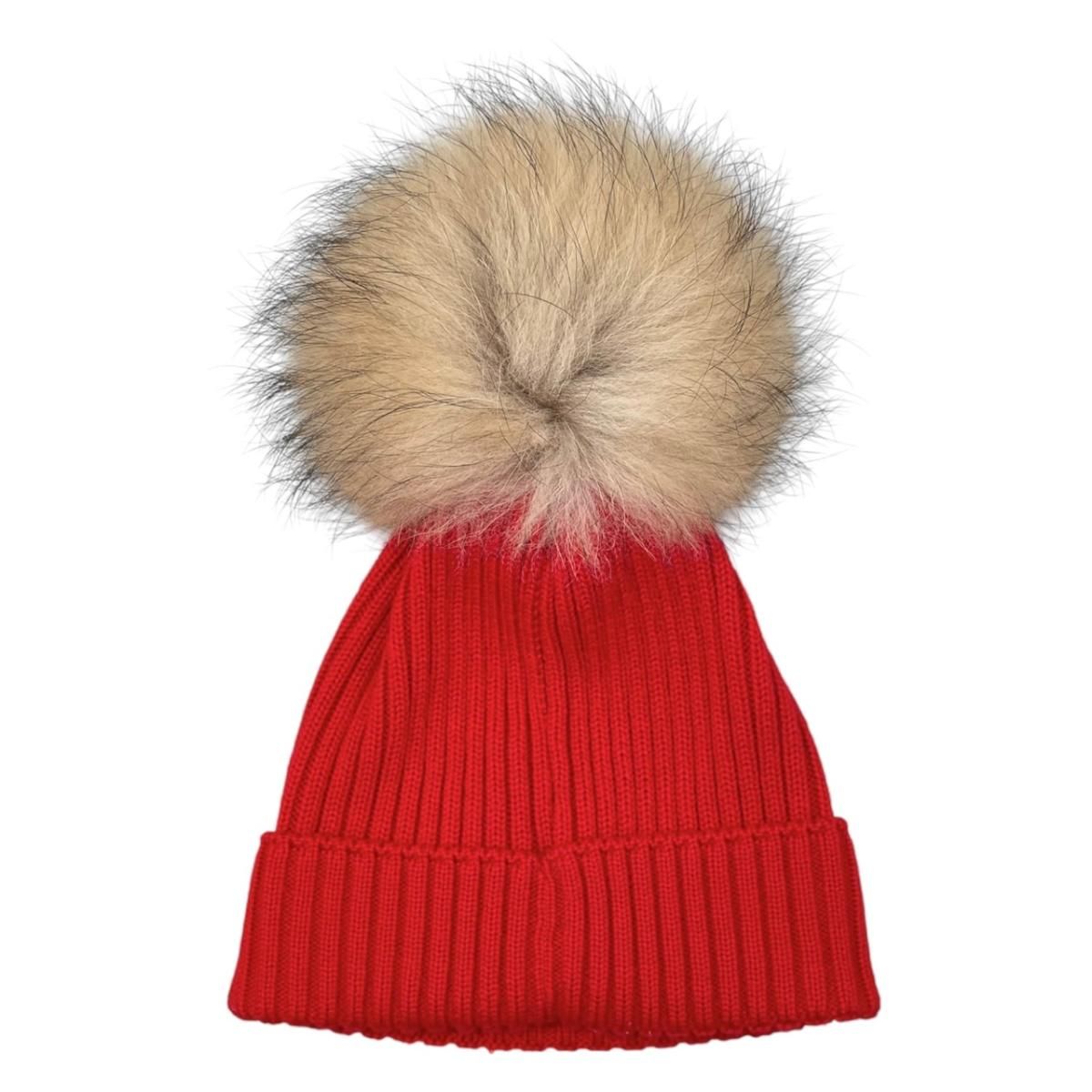 Moncler Mont Cles Hat Fur Knit Hat L Wool Pompon Logo Patch Red Beige — view 2