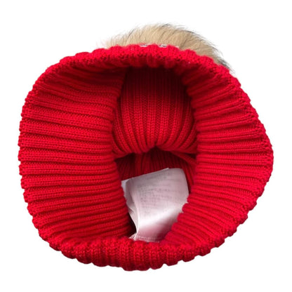 Moncler Mont Cles Hat Fur Knit Hat L Wool Pompon Logo Patch Red Beige — view 8