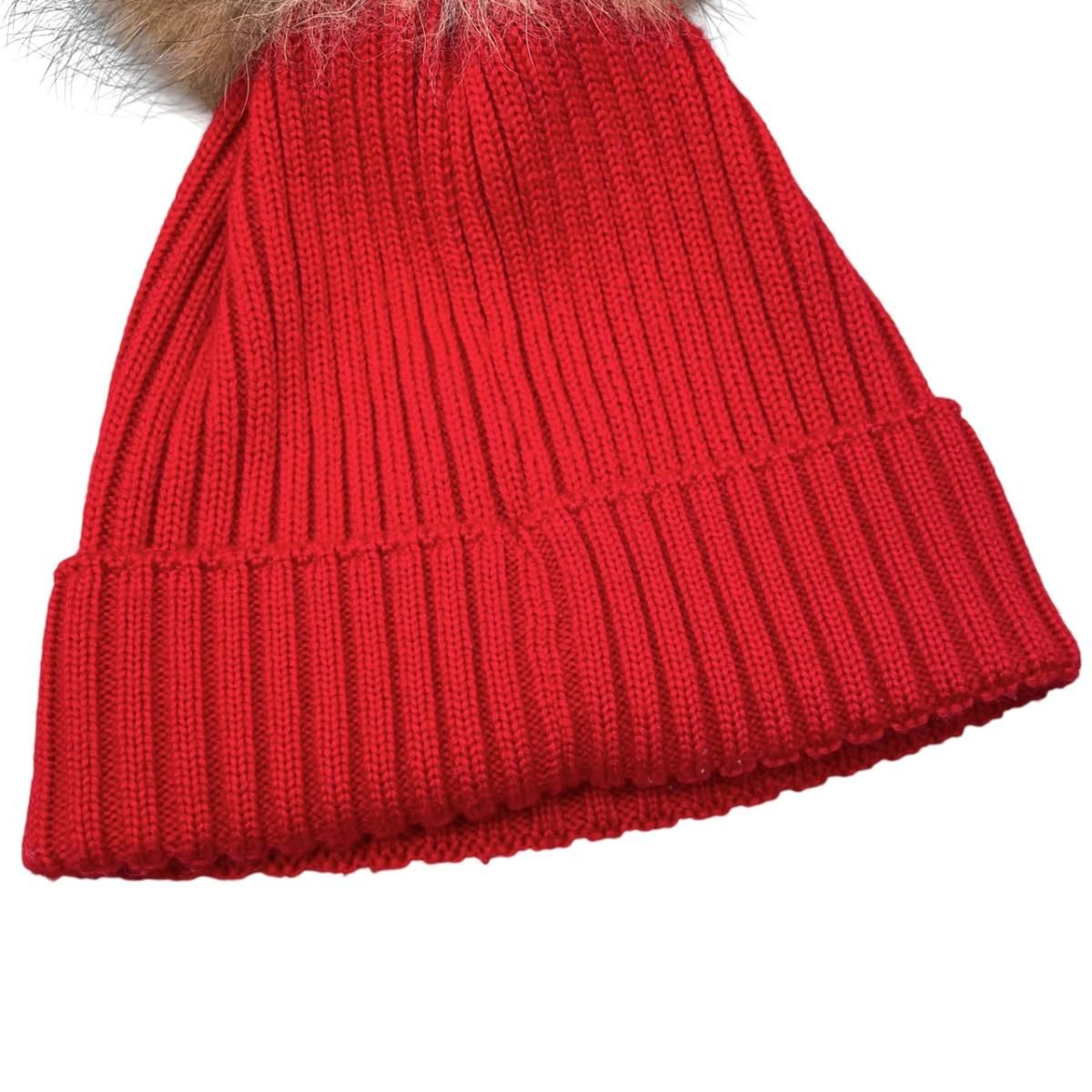 Moncler Mont Cles Hat Fur Knit Hat L Wool Pompon Logo Patch Red Beige — view 7