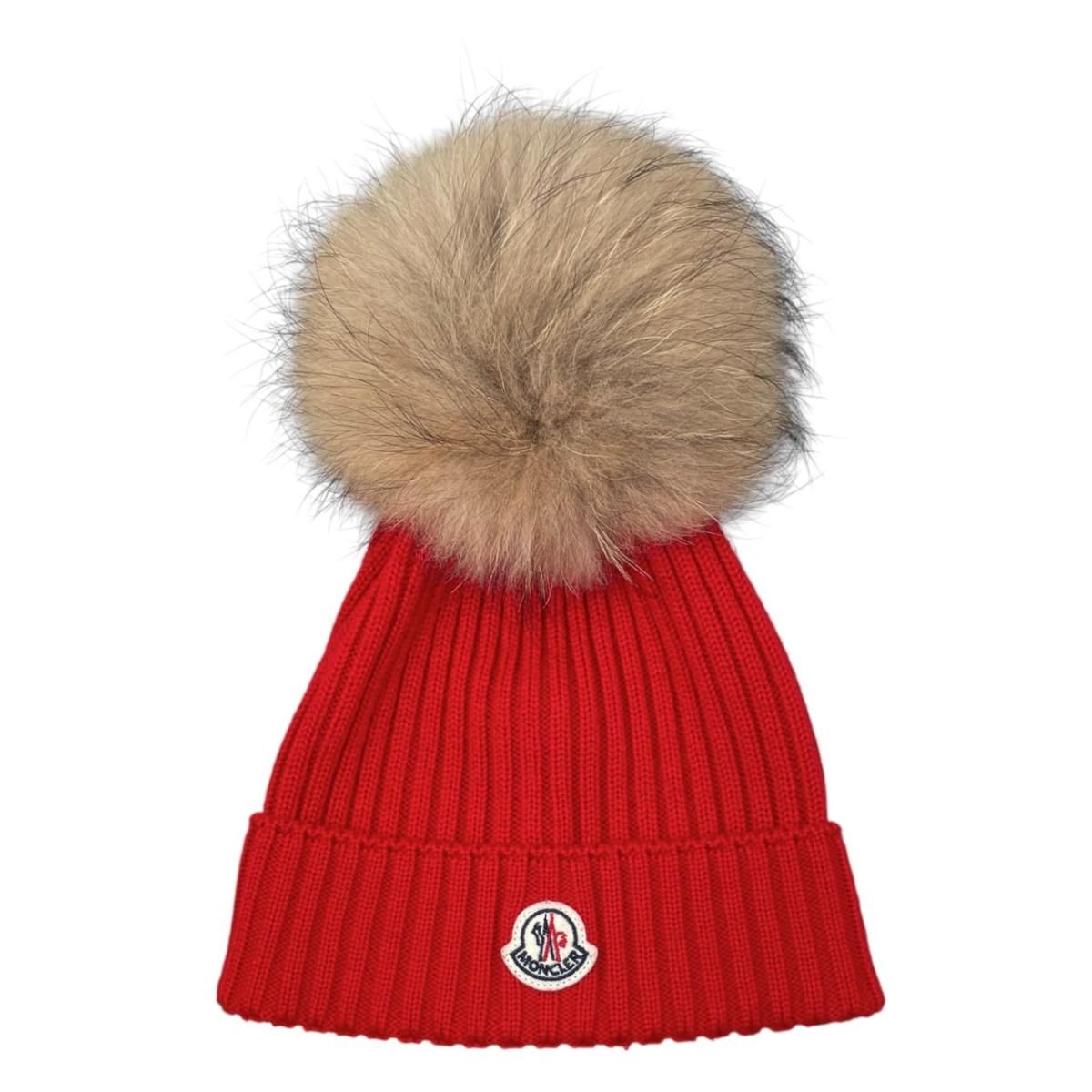 Moncler Mont Cles Hat Fur Knit Hat L Wool Pompon Logo Patch Red Beige