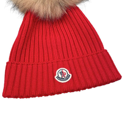 Moncler Mont Cles Hat Fur Knit Hat L Wool Pompon Logo Patch Red Beige — view 4