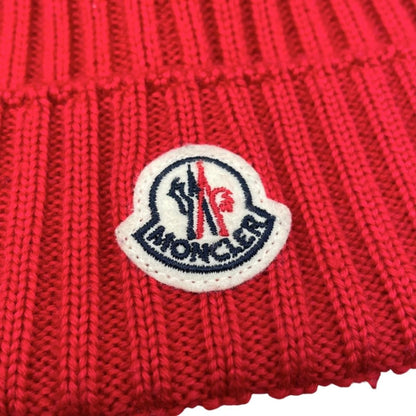 Moncler Mont Cles Hat Fur Knit Hat L Wool Pompon Logo Patch Red Beige — view 5