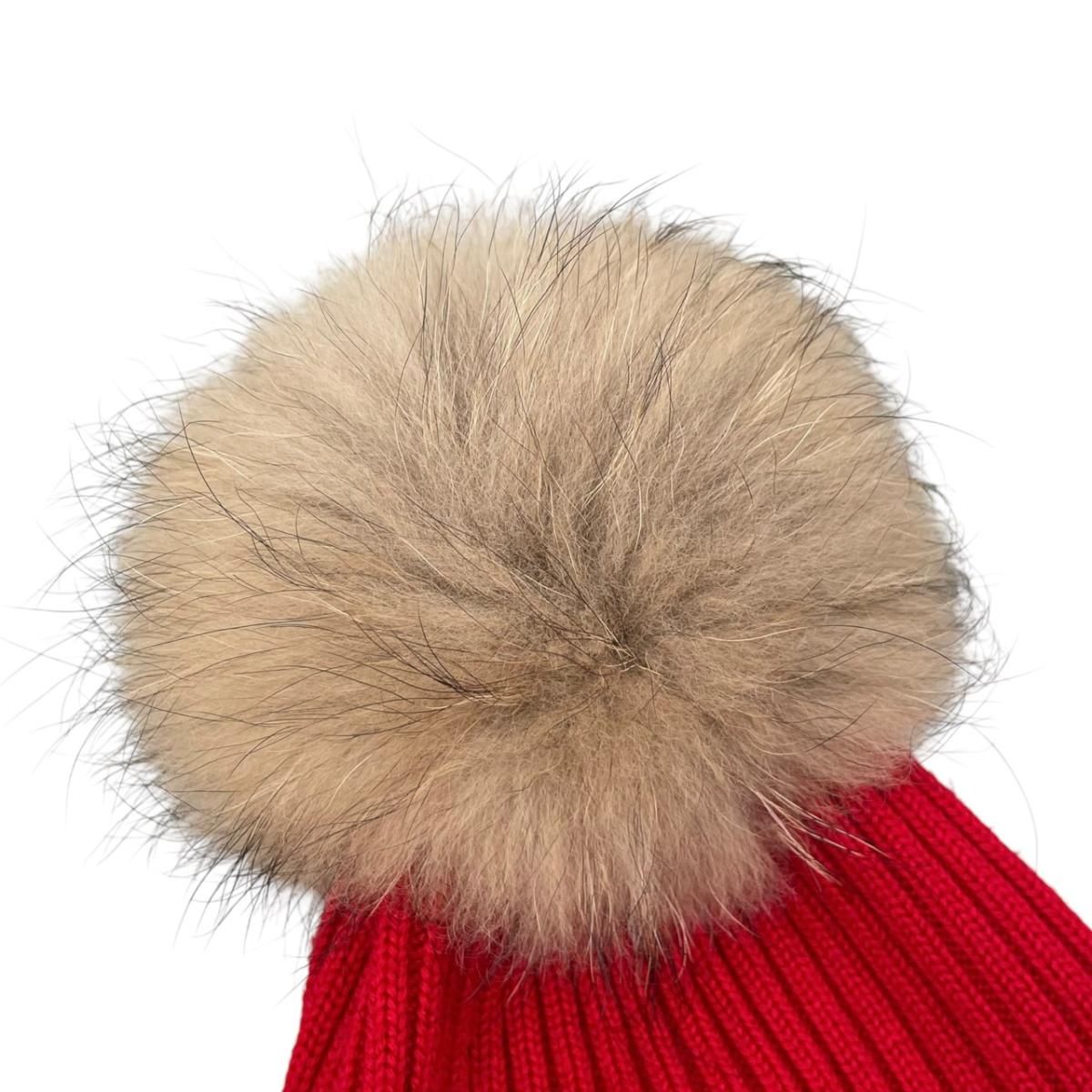 Moncler Mont Cles Hat Fur Knit Hat L Wool Pompon Logo Patch Red Beige — view 3