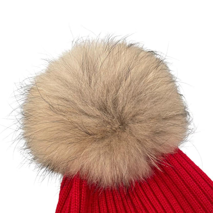 Moncler Mont Cles Hat Fur Knit Hat L Wool Pompon Logo Patch Red Beige — view 3