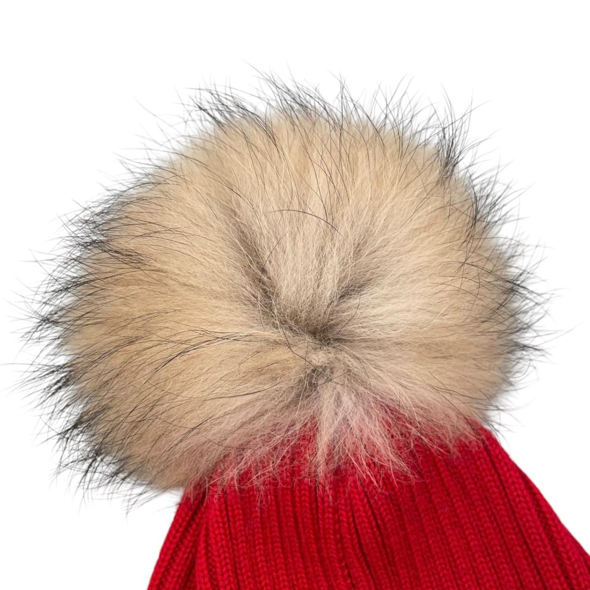 Moncler Mont Cles Hat Fur Knit Hat L Wool Pompon Logo Patch Red Beige — view 6