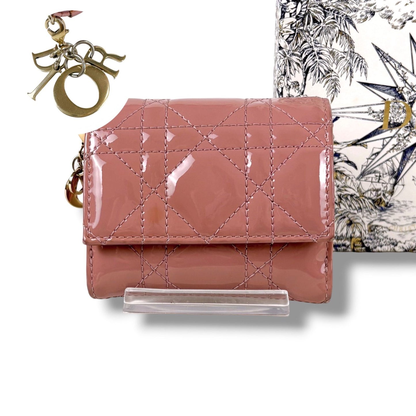 Dior Lady Lotus Wallet Trifold Cannage Patent Calfskin with Charm Handbag