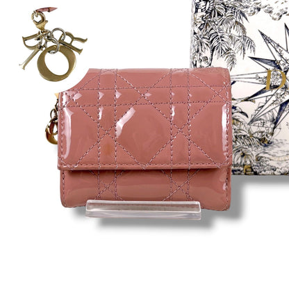 Dior Lady Lotus Wallet Trifold Cannage Patent Calfskin with Charm Handbag