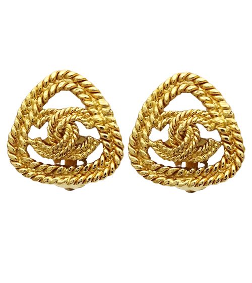 Chanel Earrings CC Logo Gold Plated Triangle Chain