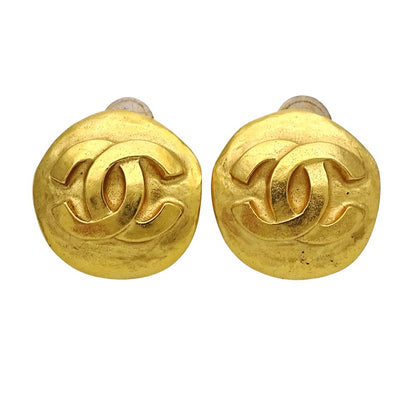 Chanel Earrings CC Logo Gold Plated Round Simple