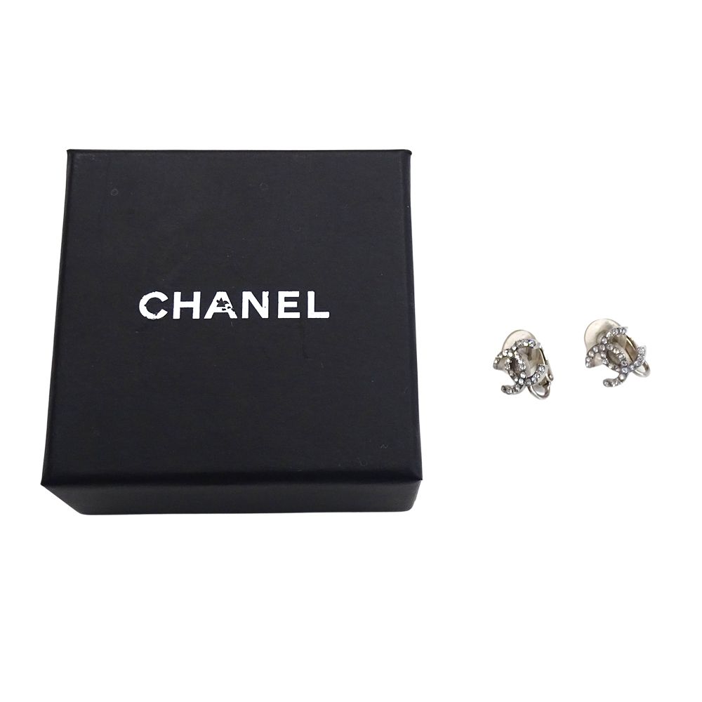 Chanel Earrings CC Logo Rhinestone Silver Simple — view 7