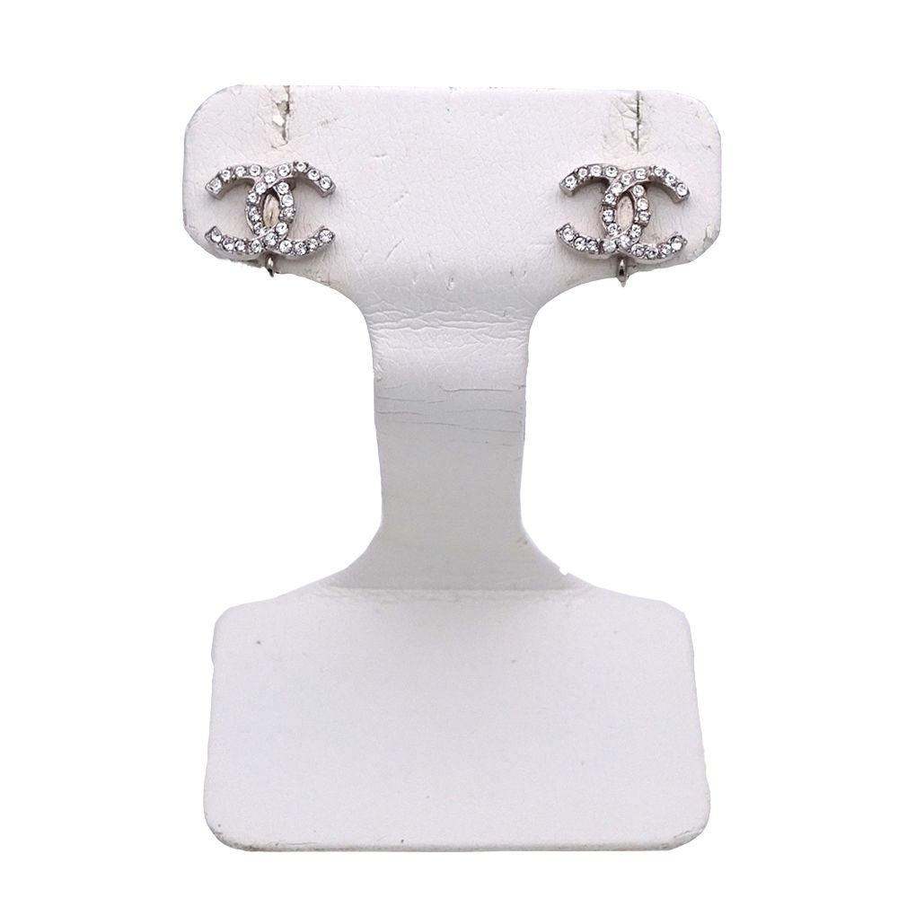 Chanel Earrings CC Logo Rhinestone Silver Simple — view 2