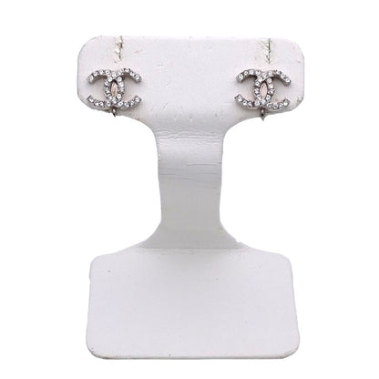Chanel Earrings CC Logo Rhinestone Silver Simple — view 2