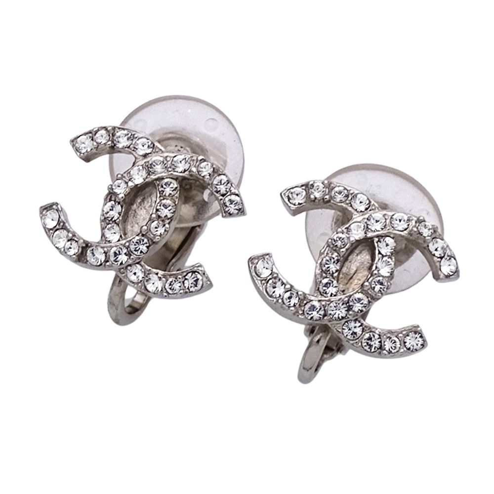 Chanel Earrings CC Logo Rhinestone Silver Simple — view 3
