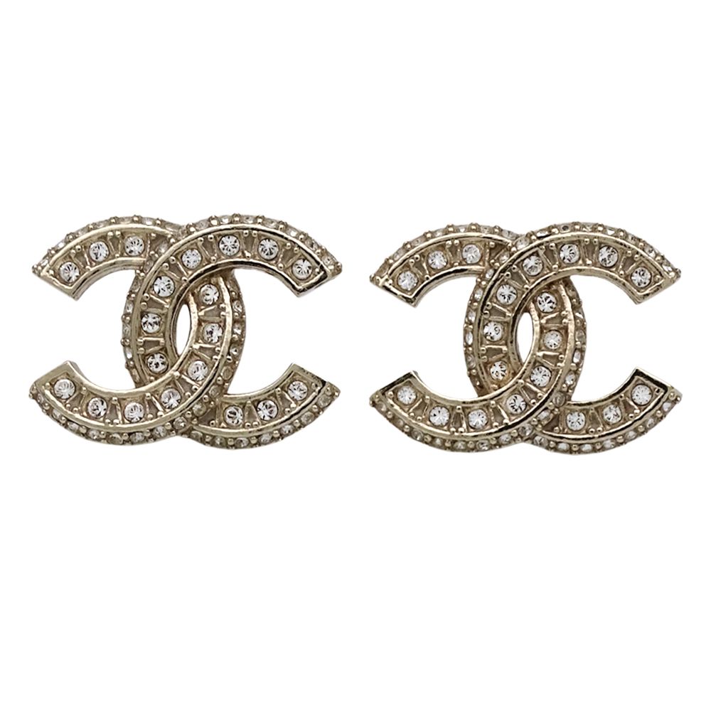 Chanel Earrings CC Logo Metal Rhinestone Champagne Gold