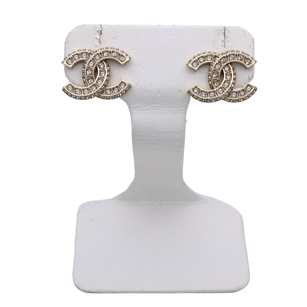 Chanel Earrings CC Logo Metal Rhinestone Champagne Gold — view 2
