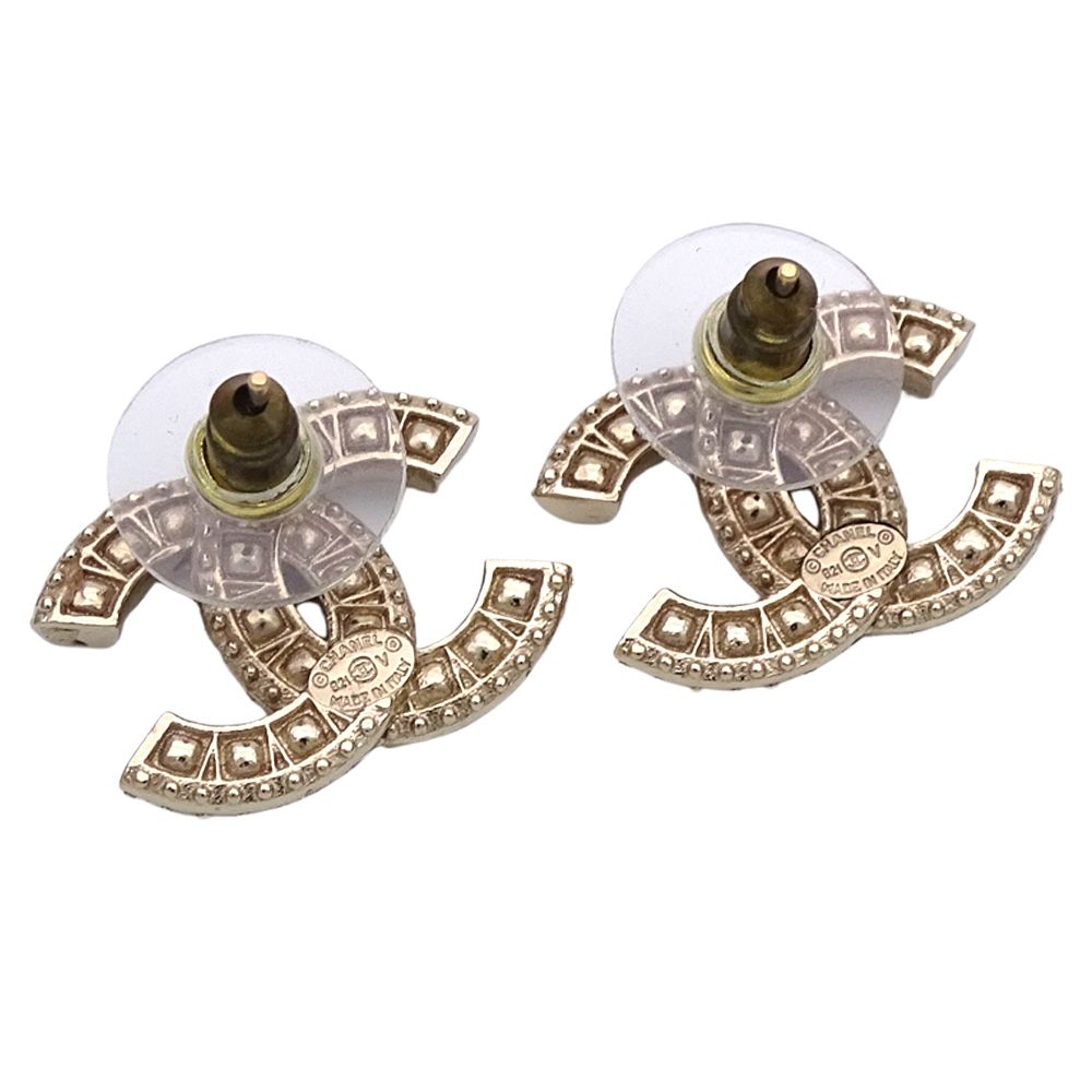Chanel Earrings CC Logo Metal Rhinestone Champagne Gold — view 4