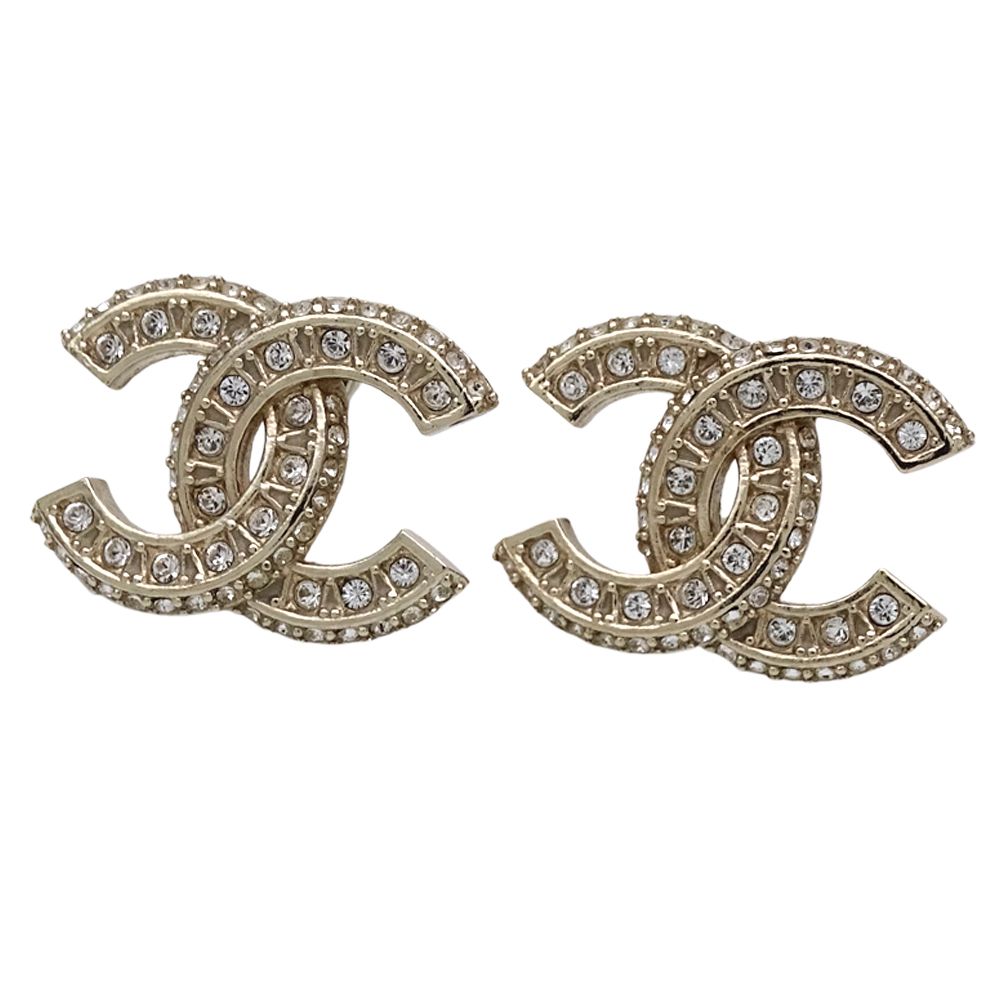 Chanel Earrings CC Logo Metal Rhinestone Champagne Gold — view 3
