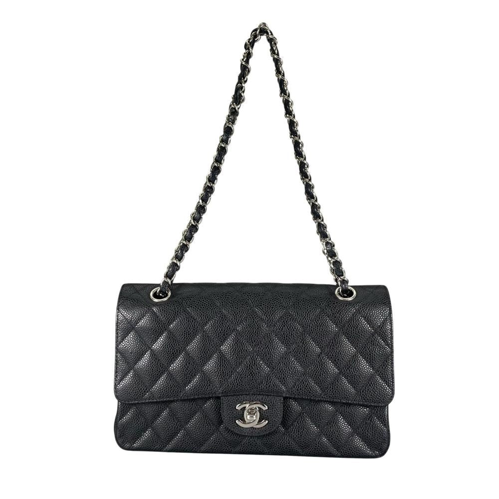 Chanel Shoulder Bag Quilted 25 Silver Chain Black
