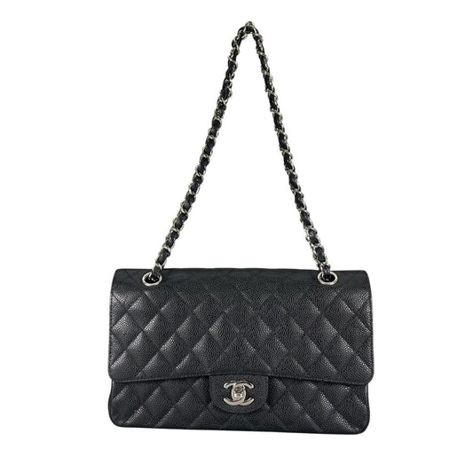 Chanel Shoulder Bag Quilted 25 Silver Chain Black